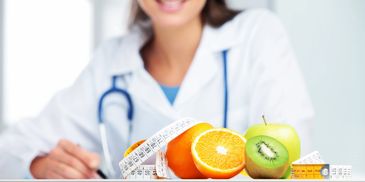 Fruits with measuring tape and doctor in background.