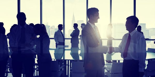 handshake between professionals with sun shining through windows