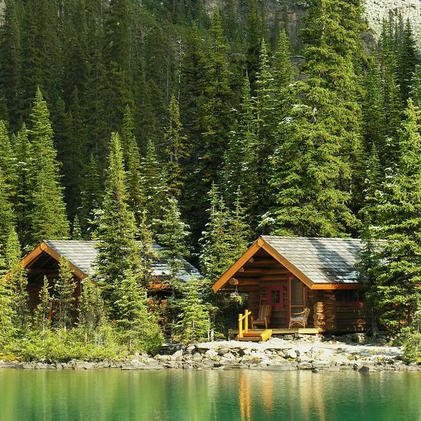 Cozy log cabins nestled among tall pine trees by a serene lake.