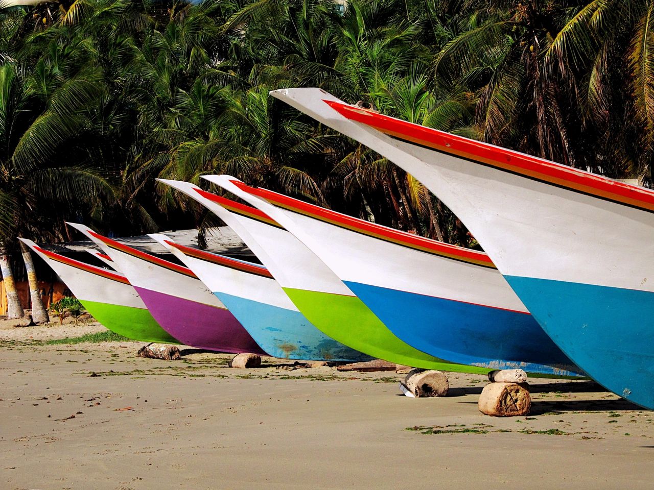 Colorful traditional fishing boats lined up on a Caribbean beach, representing the diversity and local character of Caribbean islands.