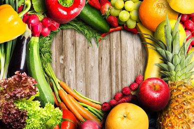 Vegetables positioned in the shape of a heart