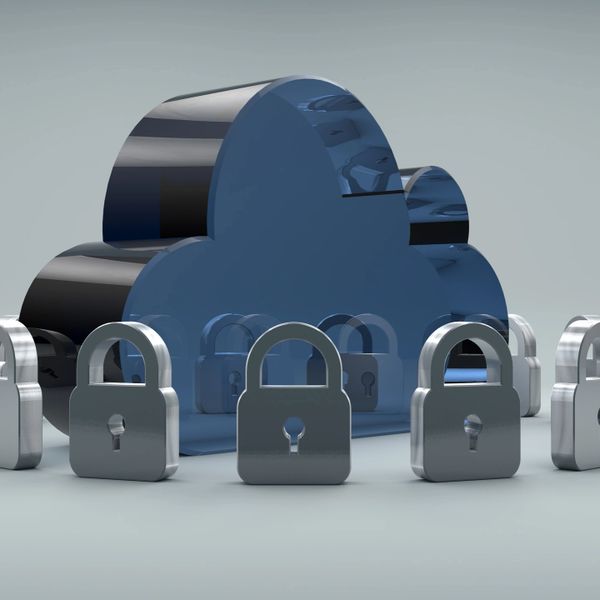 A blue cloud surrounded by silver padlocks symbolizing cloud security.