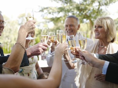 Group of people toasting with champagne glasses outdoors.