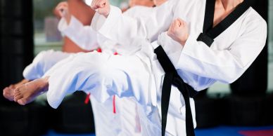 Martial artists in white uniforms performing synchronized kicks.