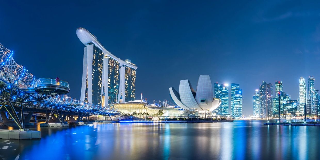 Singapore city skyline at night.