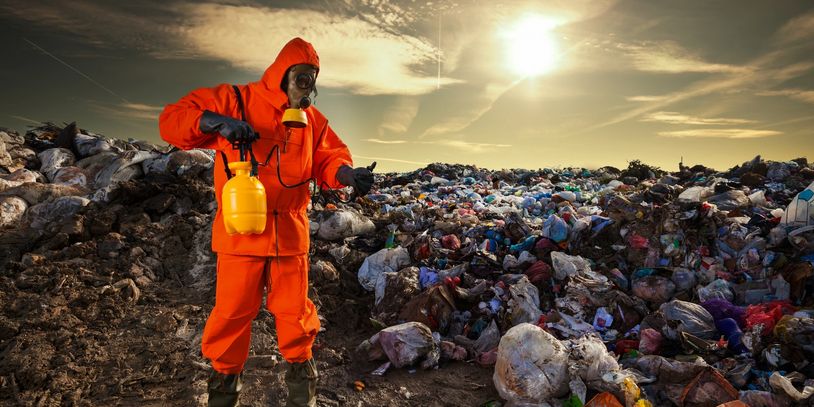 Person in hazmat suit inspecting a large garbage dump at sunset.