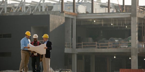 Three construction supervisors overlooking plans with the building being constructed in the back.