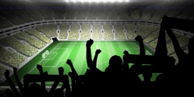 Silhouettes of cheering fans in a brightly lit soccer stadium.