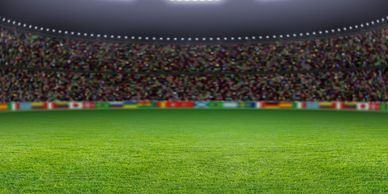 Empty green football field with stadium seats and crowd.