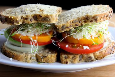 Two vegetable sandwiches on whole grain bread.