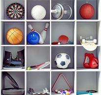 sports items in shelves