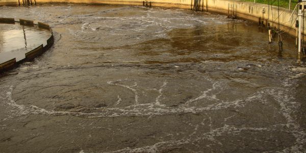 Circular aeration tank in a wastewater treatment plant.