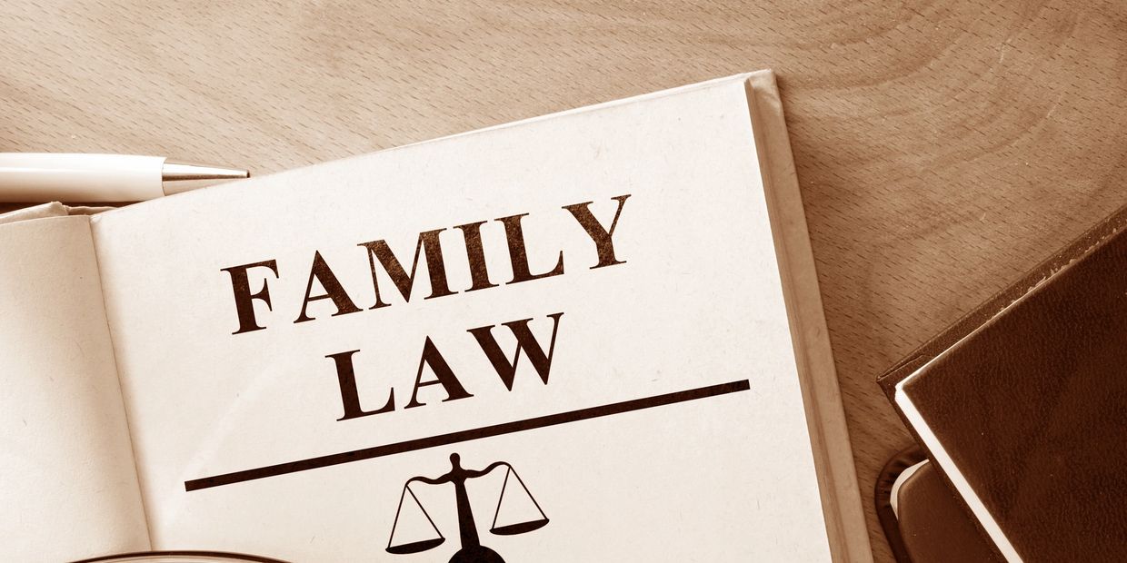 Book about family law with a pen on a wooden table.