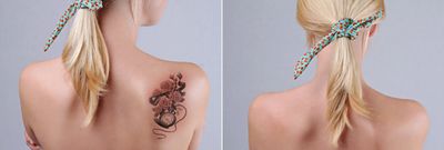 Two views of a woman with a floral tattoo on her back and a floral headband in her hair.