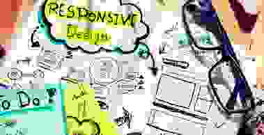 A mindmap for responsive design, blue bulldog clip and a black pair of glasses,