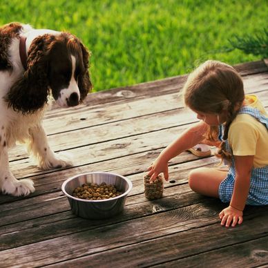 A girl feeding her dog on a wooden deck outside.