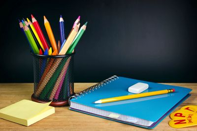 pencils, notebook, eraser, post its
