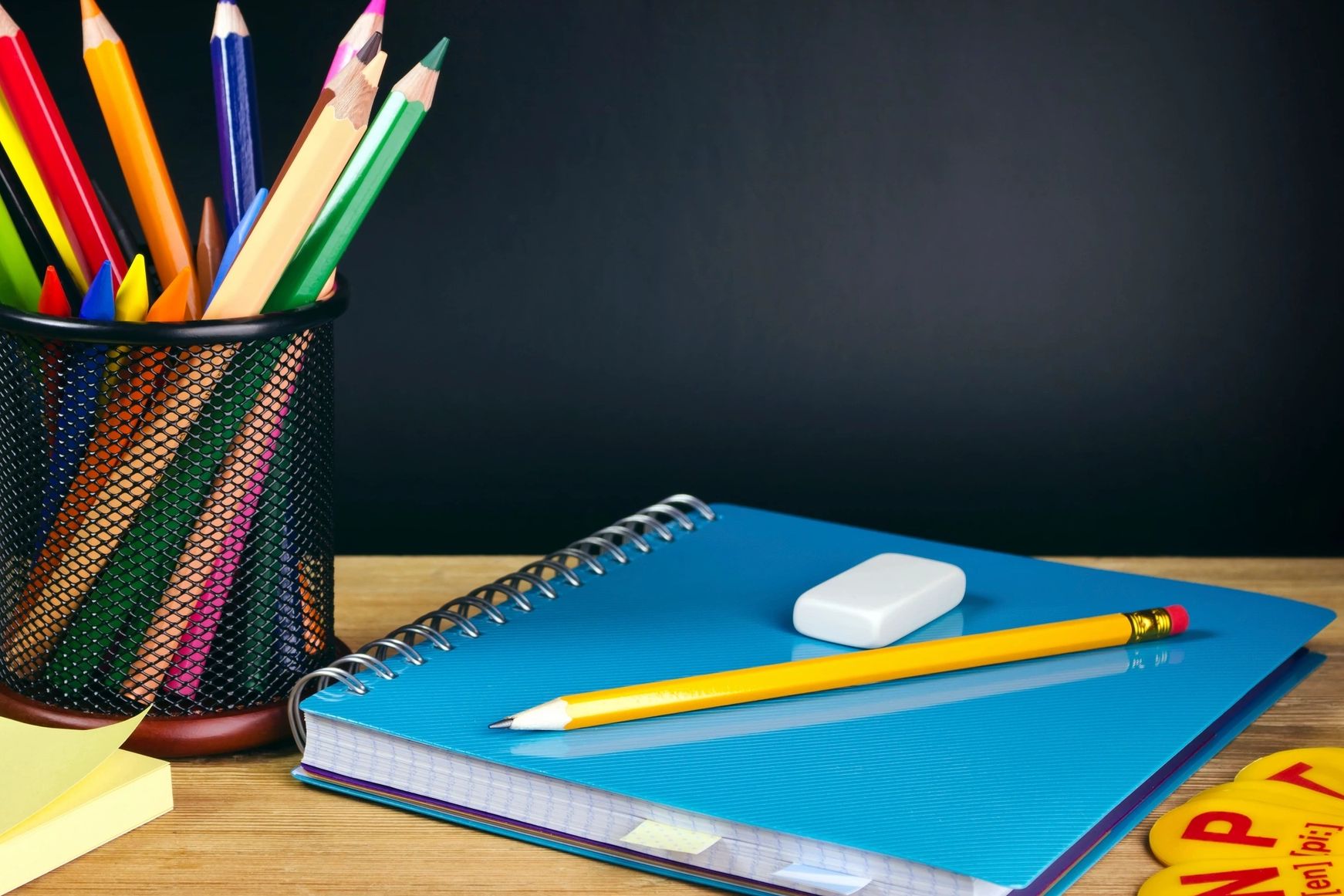 school equipment on a wooden table