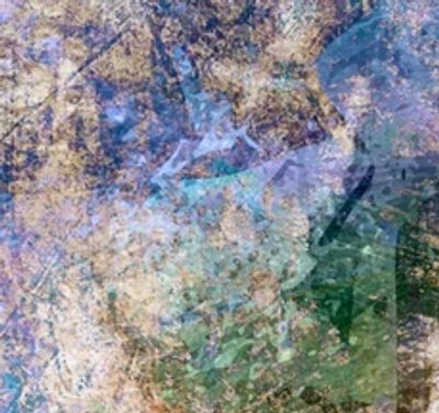 Abstract textured artwork blending blues, greens, and browns.