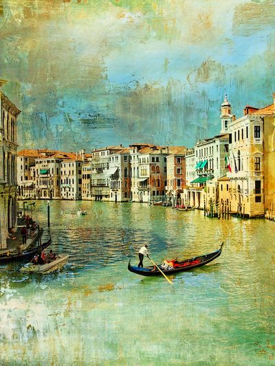 A beautiful painting of the river canal with building and a boat