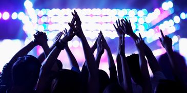Silhouettes of a crowd cheering with hands raised at a vibrant concert.