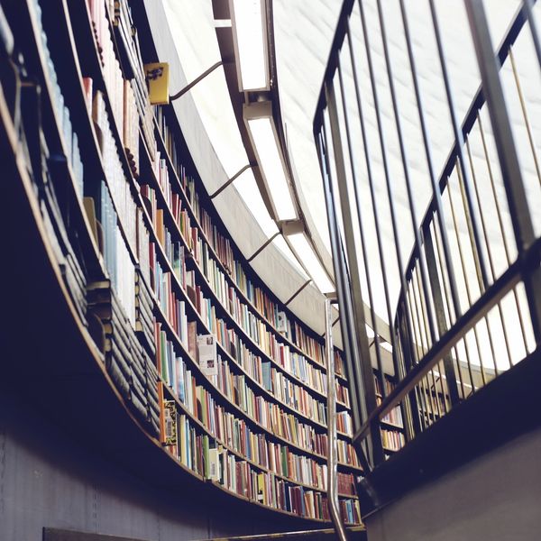 Picture of books on a shelf in a library