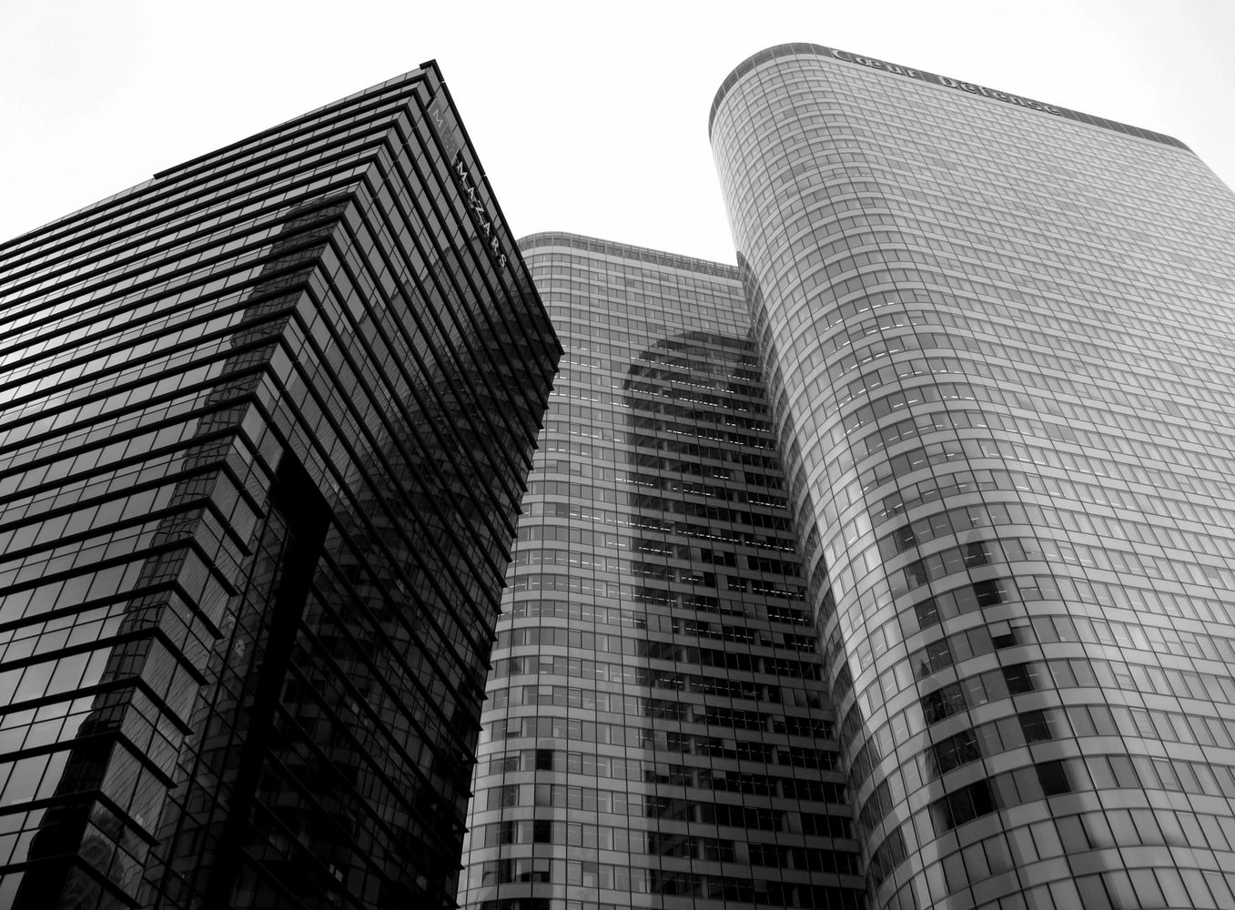 Low-angle view of modern glass skyscrapers in black and white.