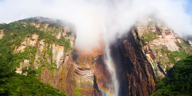 Angel Falls cascading from a cliff surrounded by mist and greenery.