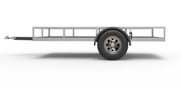 Side view of a single-axle utility trailer with metal frame.