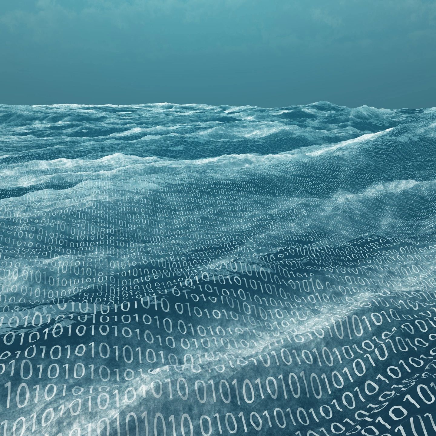Digital ocean waves made of binary code under a clear sky.