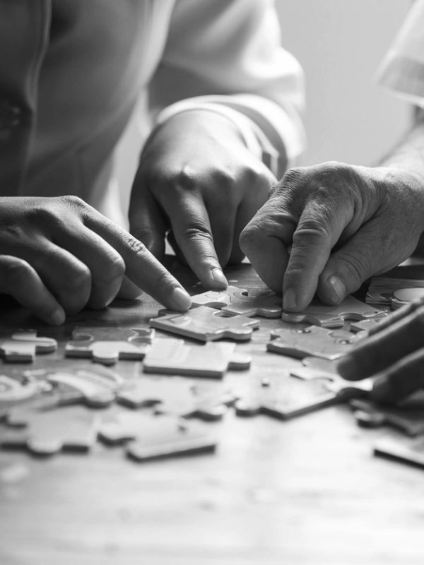 Hands working together on a puzzle.