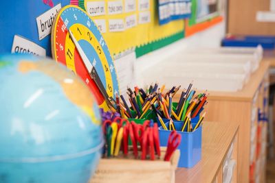 Classroom supplies including pencils, scissors, and a globe.