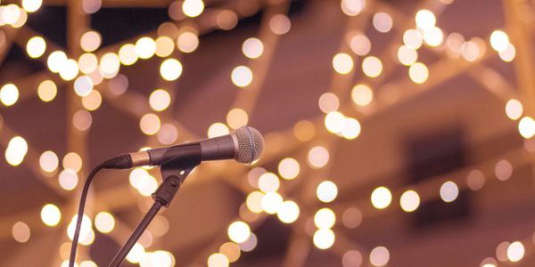 Microphone set up at black tie event in sarasota, florida.