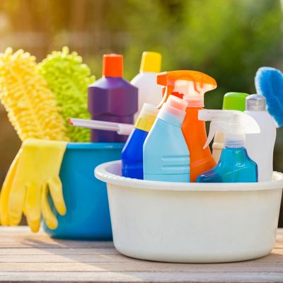 Cleaning supplies inside a basket