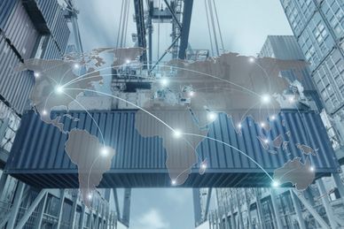 Global shipping container with world map and connectivity lines.