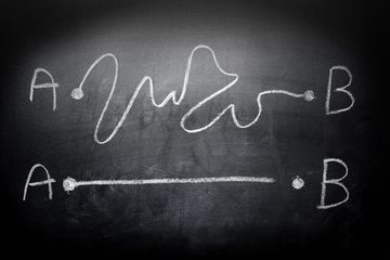 a chalkboard displays two chalk paths a complex, winding route above a simple, straight line.