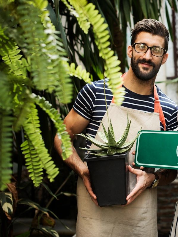 Smiling man holding a potted aloe plant.