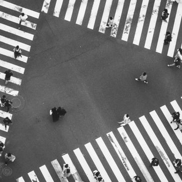 Aerial view of people crossing a busy zebra crossing in black and white.