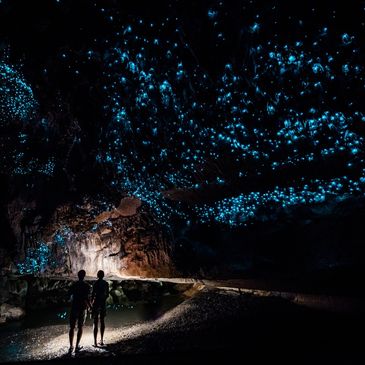 Couple standing under glow worm sky Waitomo Glowworm Caves