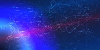 Abstract digital circuit board with blue and purple neon lights.