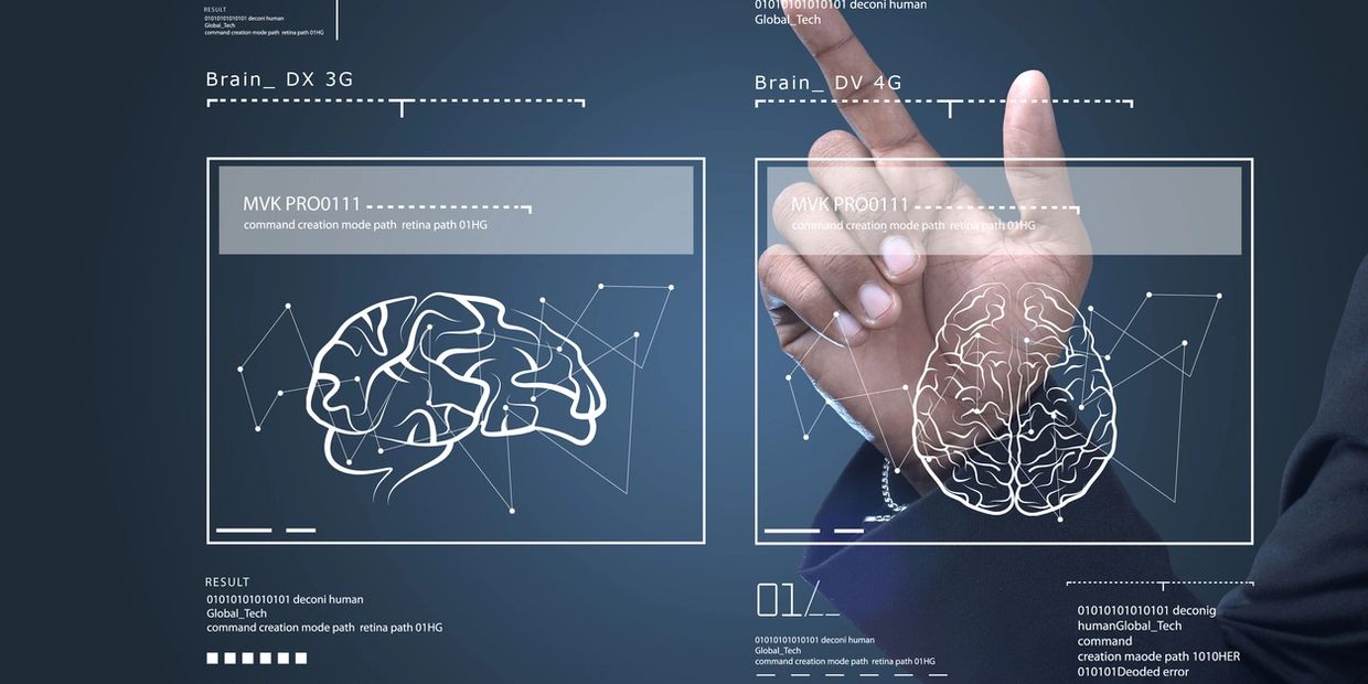 Computer screen showing scientific brain images with man pointing his hand at the word global tech