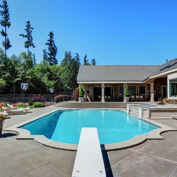 Swimming Pool, In-Ground, Pool Deck, Stamped Concrete, Pavers, Textured Concrete.