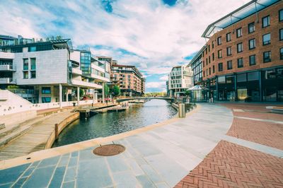 Modern buildings alongside a calm canal under a partly cloudy sky.