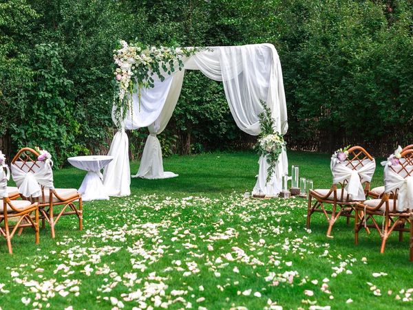 Elegant outdoor wedding arch with white drapes and flower petals on grass.