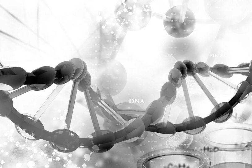 DNA double helix and some molecules in the background