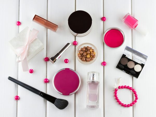 beauty accessories on a wooden table