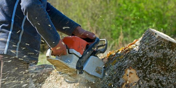 Person cutting tree trunk with a chainsaw outdoors.