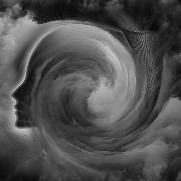 An Abstract art piece of clouds swirling into the shape of a human head silhouette