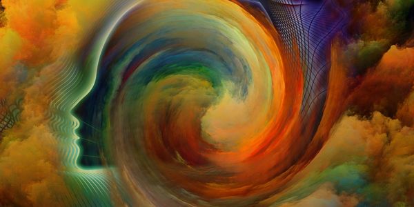A swirling abstract profile of a human face in vibrant colors.
