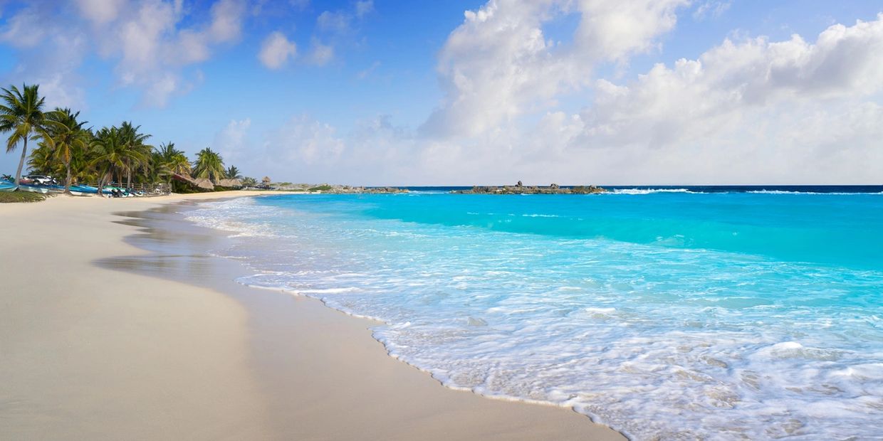 A serene beach with turquoise water and palm trees under a partly cloudy sky.